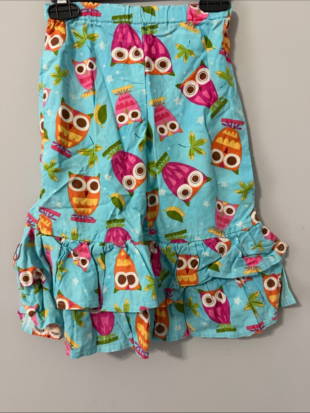 Girls Aqua Owl Ruffle Pants with Elastic Waist-Size 4